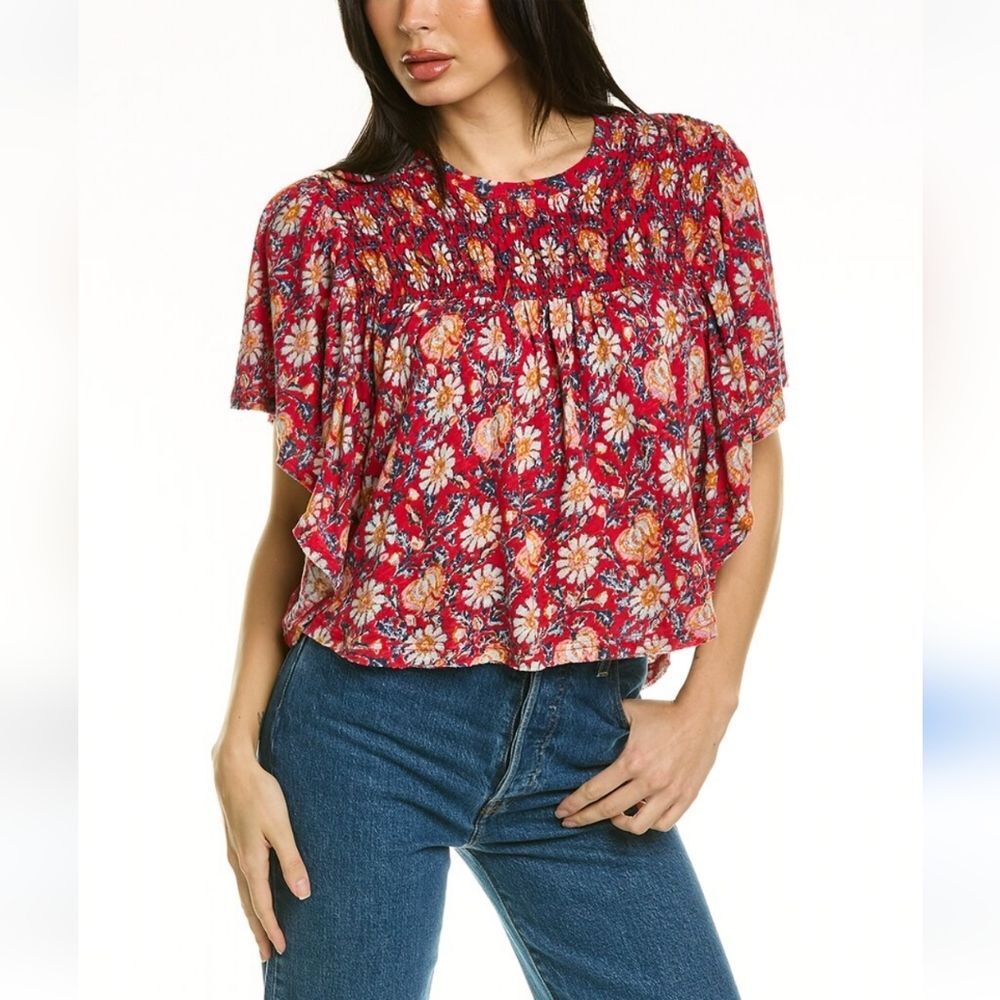 Free People Rikki Red Floral Smocked Flare Top XS (Bx24)